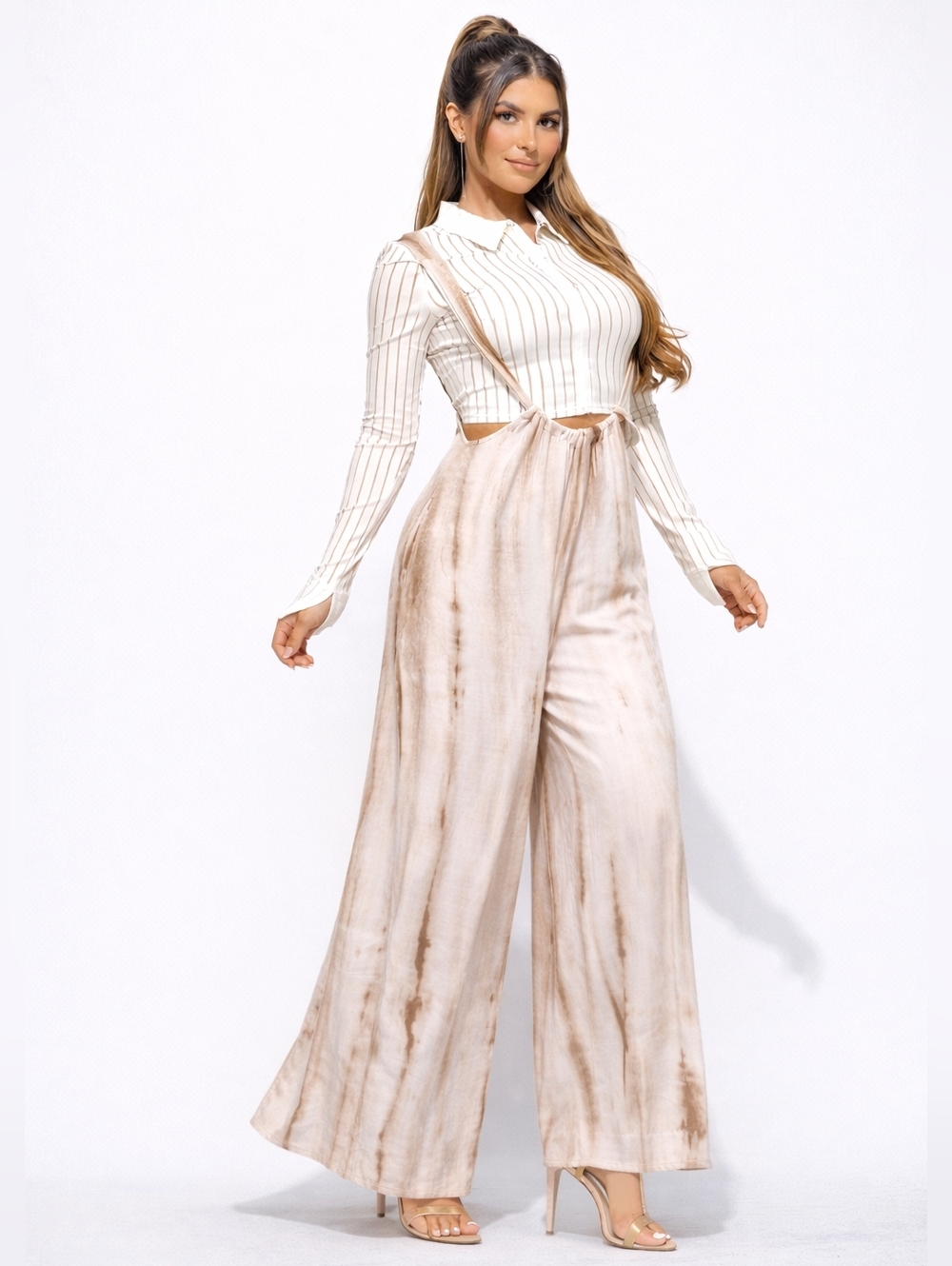 Beige Wide-Leg Tie-Dye Suspender Jumpsuit